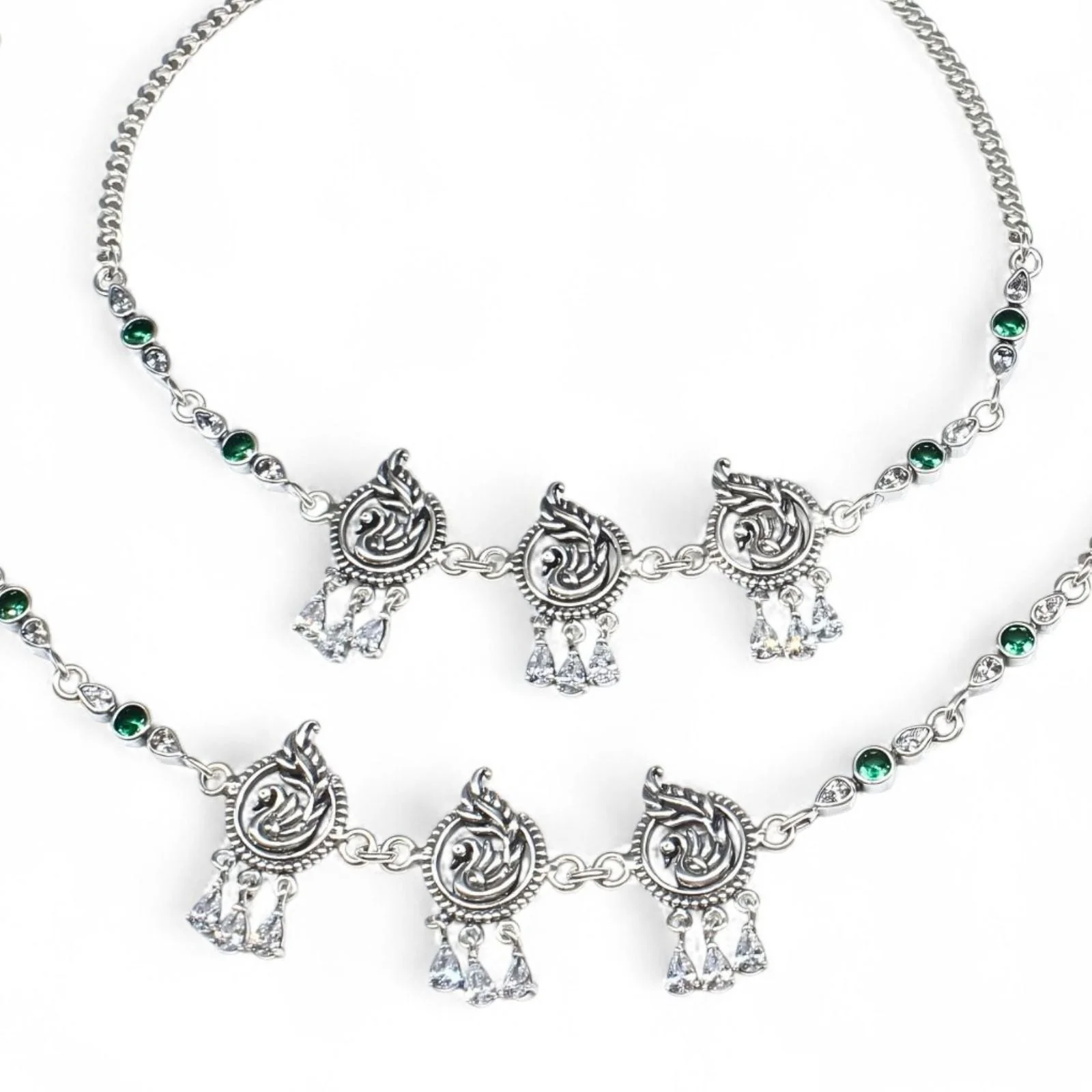 Unique Peacock design 925 Sterling Silver Green white CZ Oxidized Anklet Pair 10.3" - Image 4
