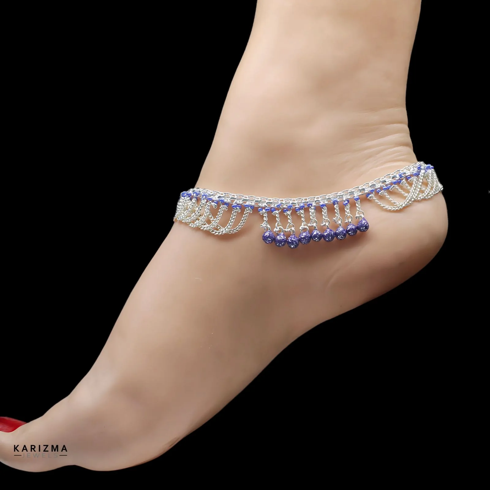 Unique Real Sterling Silver Violet Beads Indian women Jhallar Anklets Ankle Pair 10.5" - Image 3